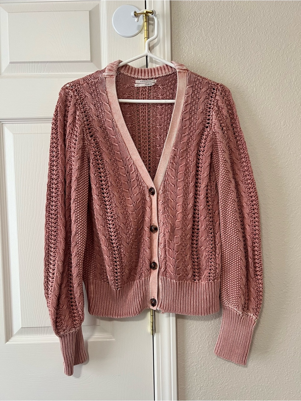 Anthropologie Pink Cable Knit Openwork Button Cardigan Sweater Size Large